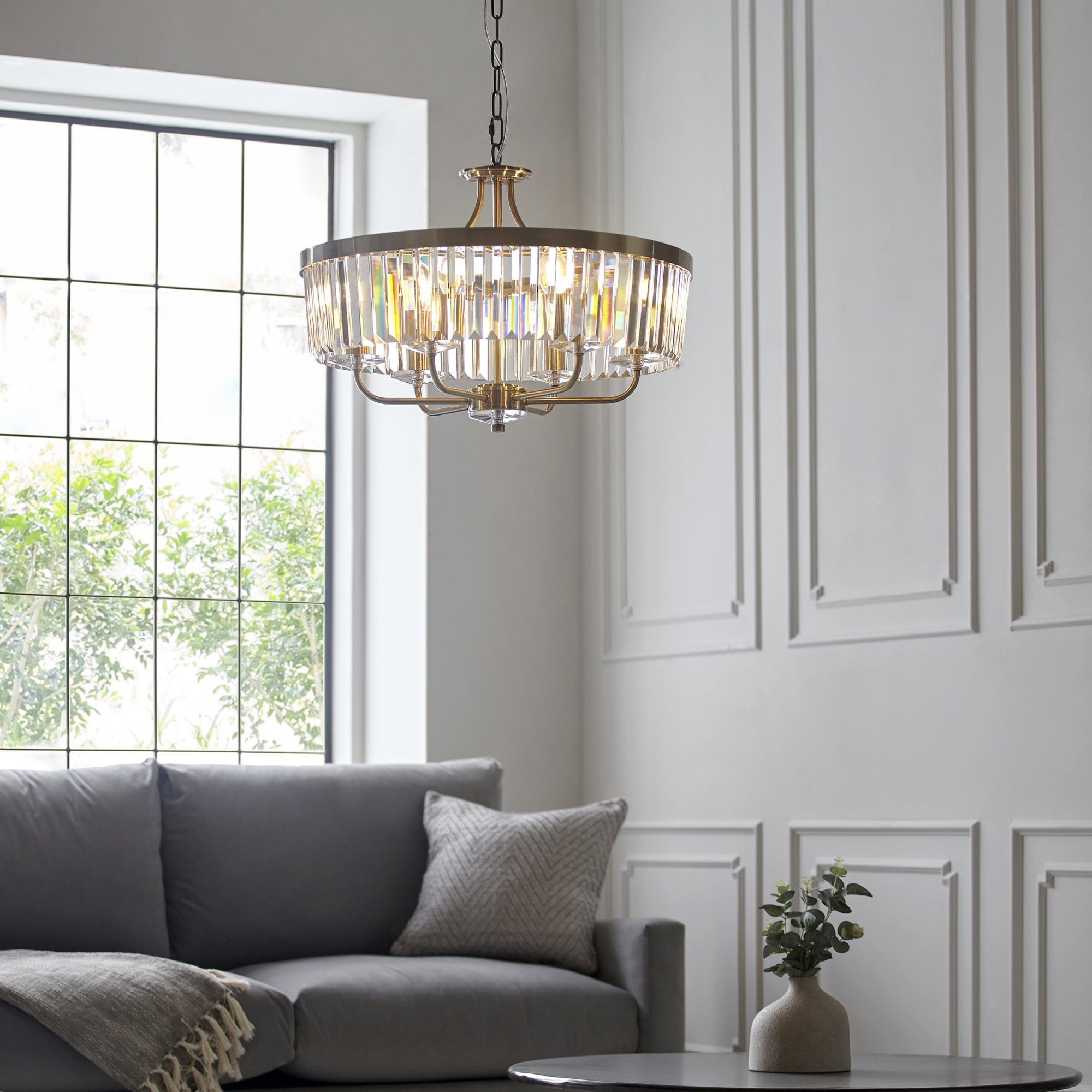 102505 Pendant 6 Light Antique Brass Plate And Clear Cut Glass
