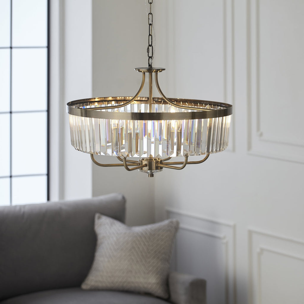 102505 Pendant 6 Light Antique Brass Plate And Clear Cut Glass