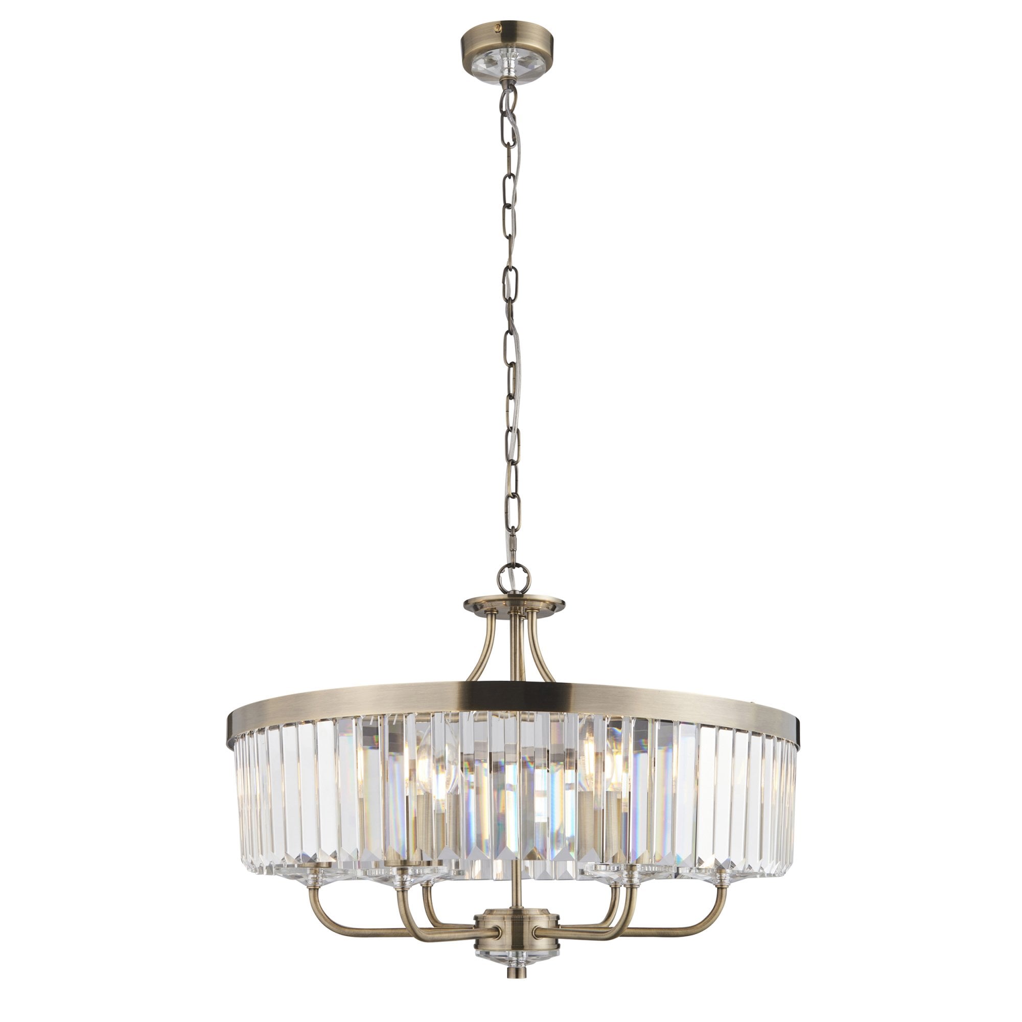 102505 Pendant 6 Light Antique Brass Plate And Clear Cut Glass