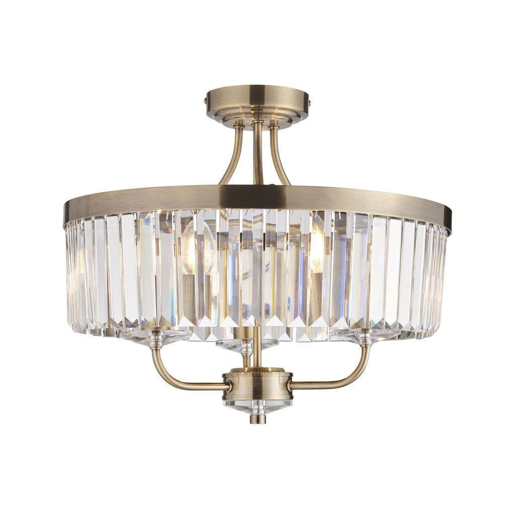 102506 Semi Flush Ceiling 3 Light Antique Brass Plate And Clear Cut Glass