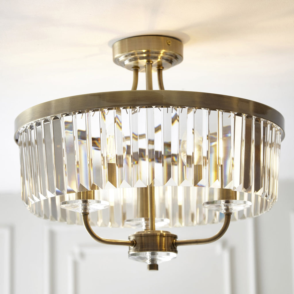 102506 Semi Flush Ceiling 3 Light Antique Brass Plate And Clear Cut Glass