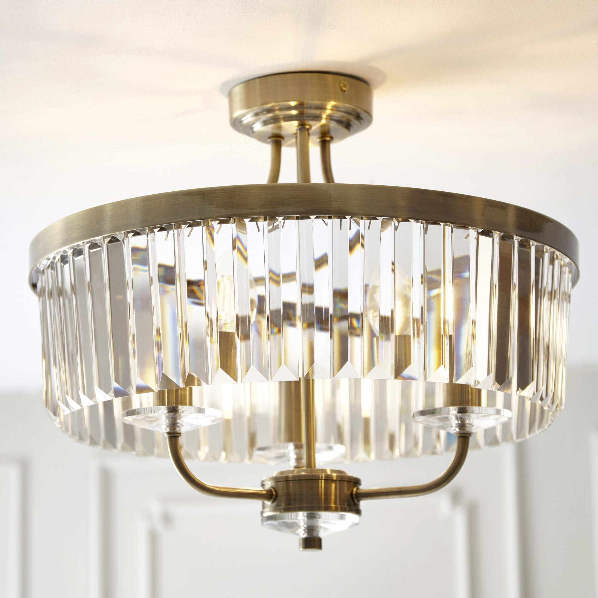 102506 Semi Flush Ceiling 3 Light Antique Brass Plate And Clear Cut Glass