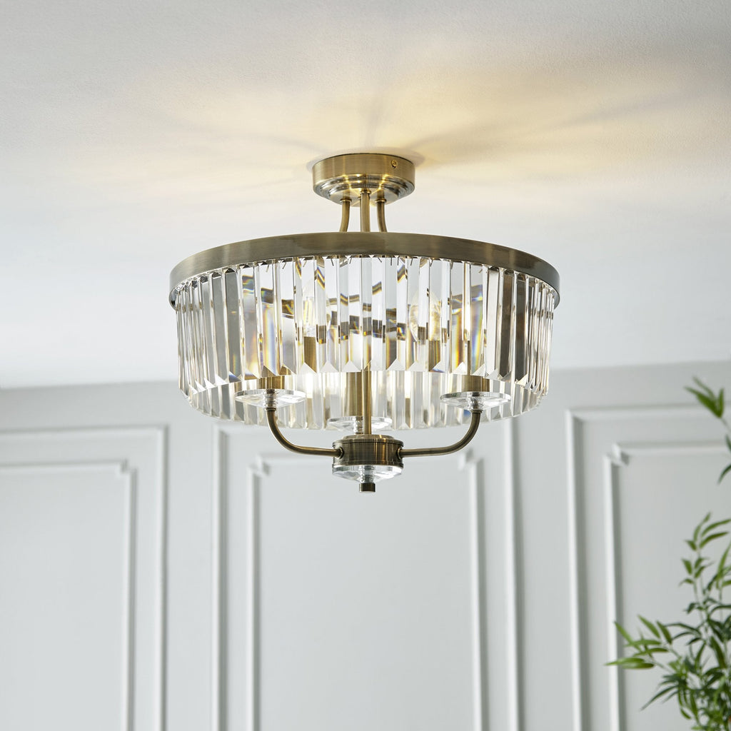 102506 Semi Flush Ceiling 3 Light Antique Brass Plate And Clear Cut Glass