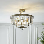 102506 Semi Flush Ceiling 3 Light Antique Brass Plate And Clear Cut Glass