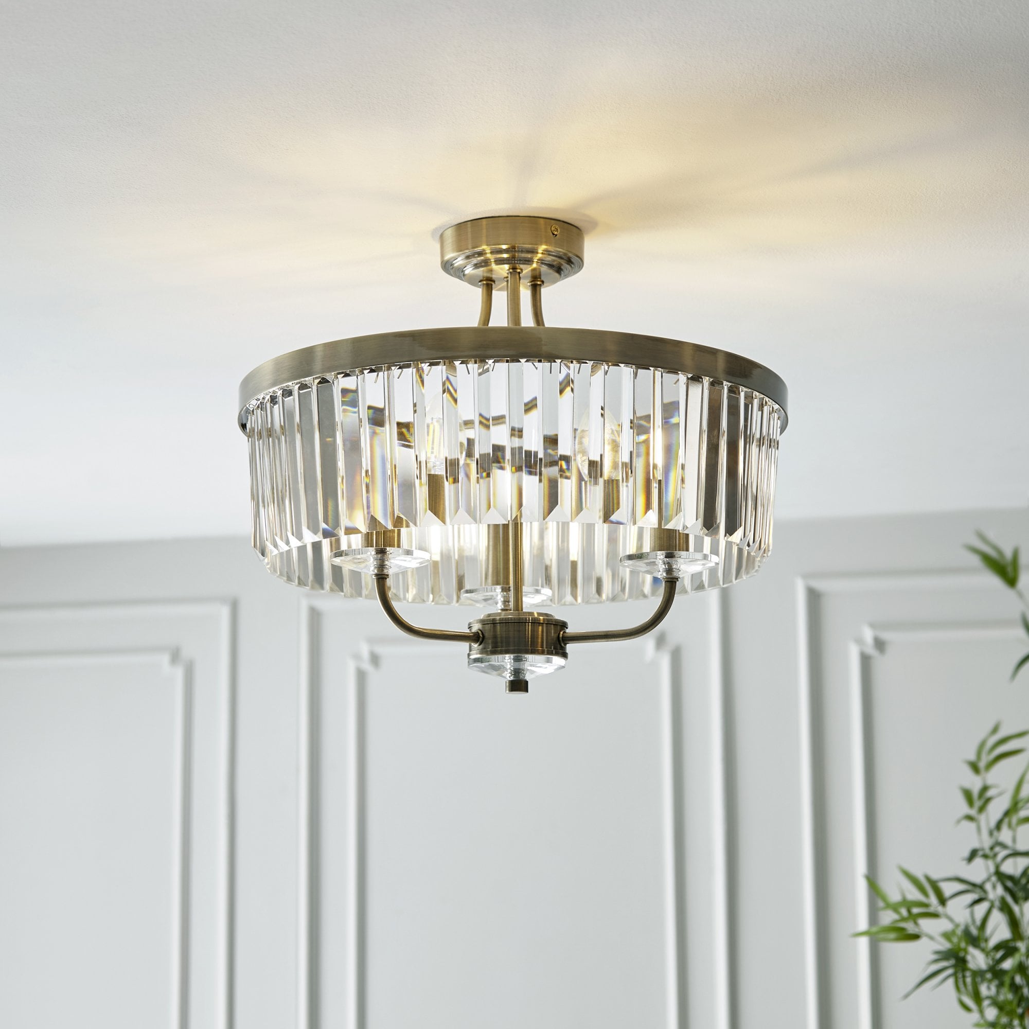 102506 Semi Flush Ceiling 3 Light Antique Brass Plate And Clear Cut Glass