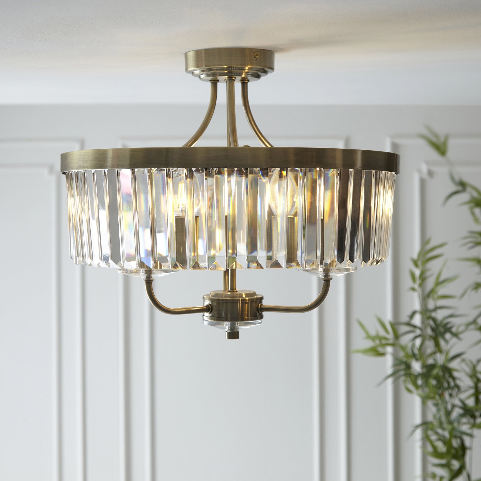 102506 Semi Flush Ceiling 3 Light Antique Brass Plate And Clear Cut Glass