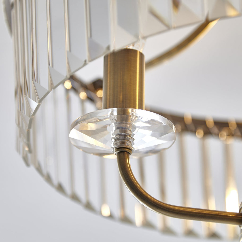 102506 Semi Flush Ceiling 3 Light Antique Brass Plate And Clear Cut Glass