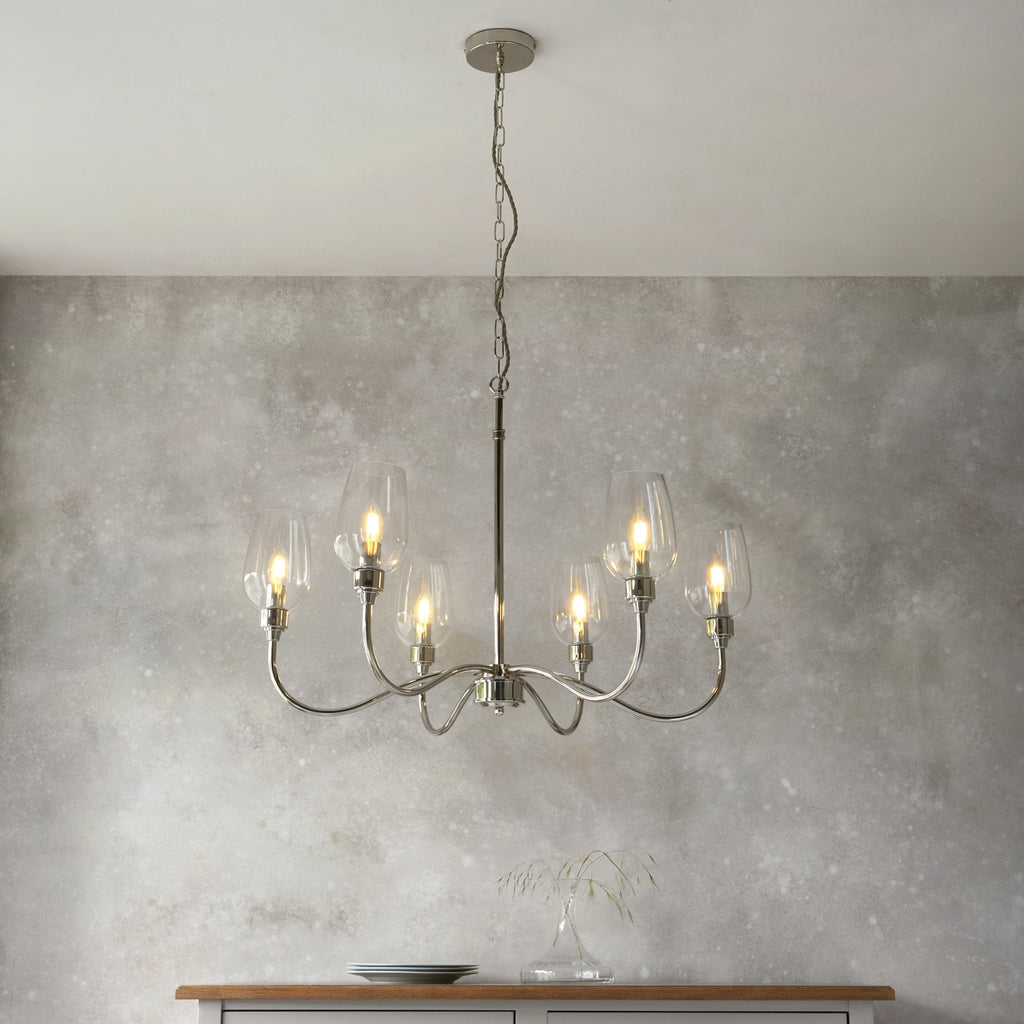 103315 Pendant 6 Light Bright Nickel Plate And Clear Glass