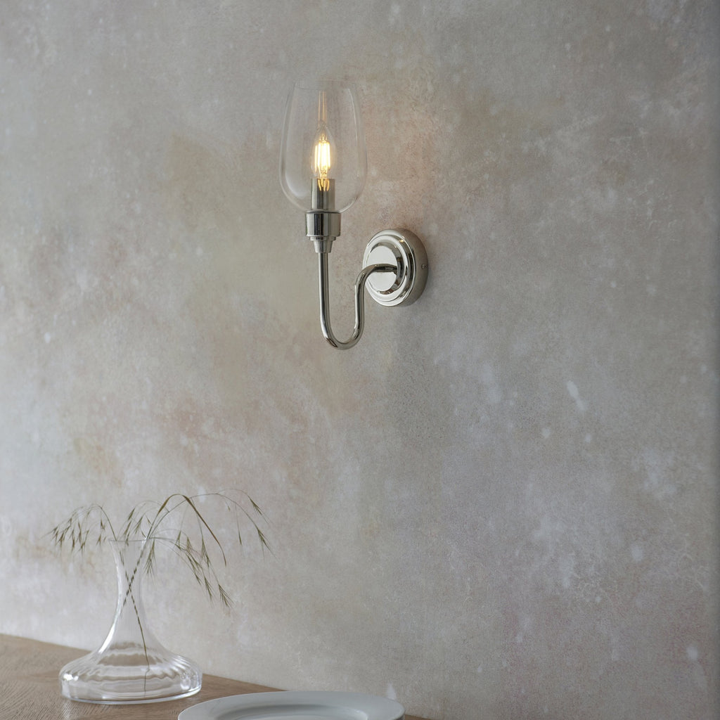 103316 Wall 1 Light Bright Nickel Plate And Clear Glass