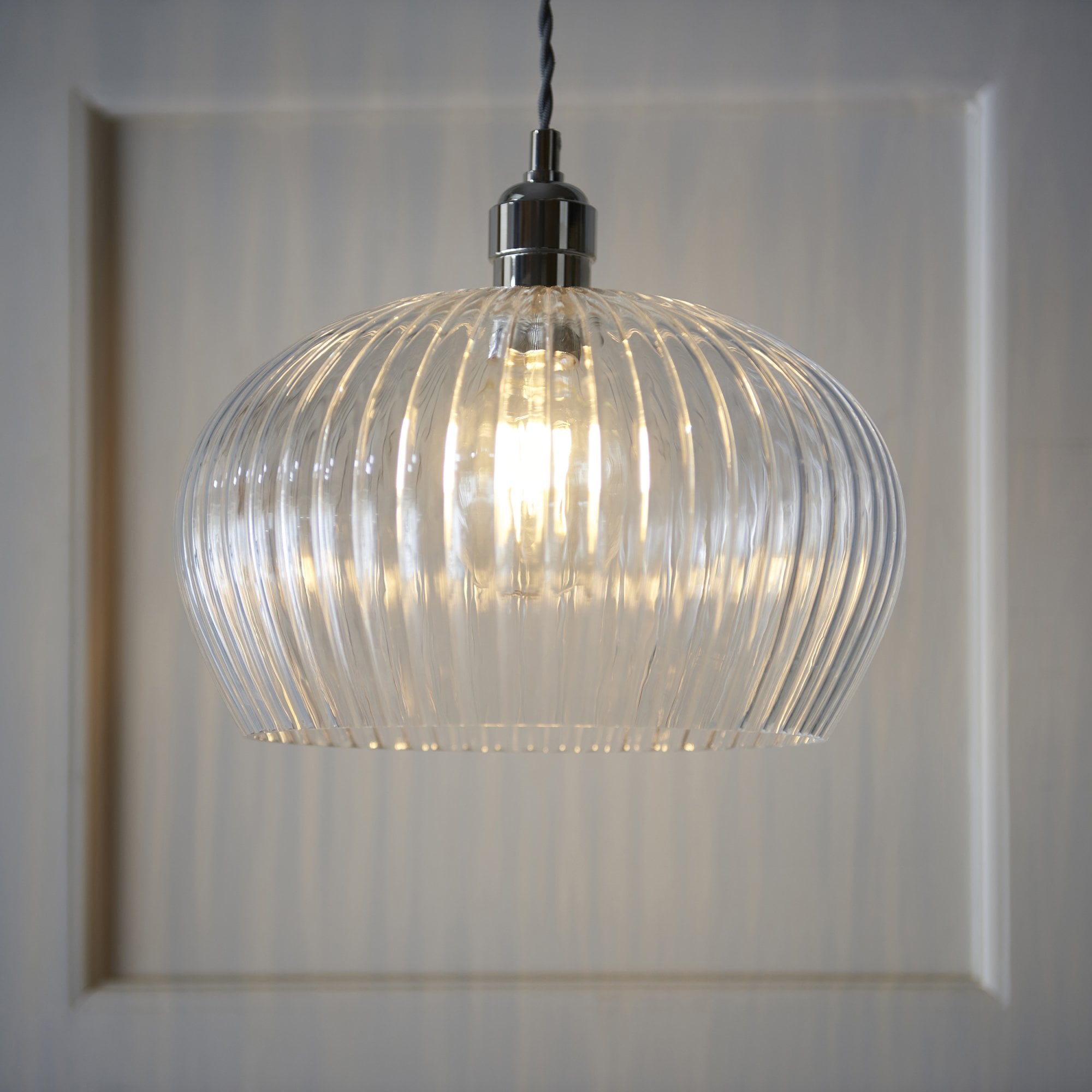 103674 Pendant 1 Light Bright Nickel Plate And Clear Ribbed Glass