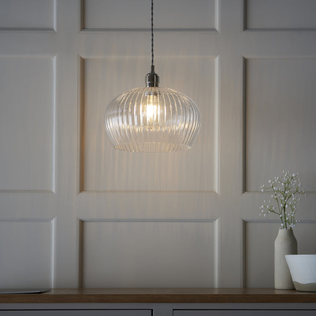 103674 Pendant 1 Light Bright Nickel Plate And Clear Ribbed Glass