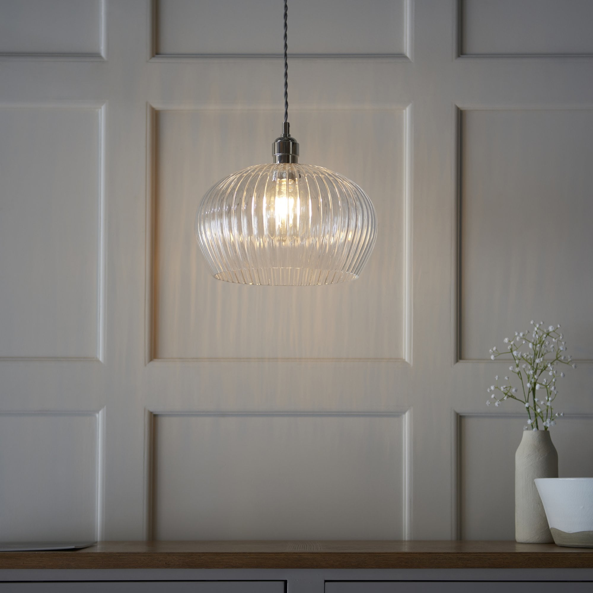 103674 Pendant 1 Light Bright Nickel Plate And Clear Ribbed Glass