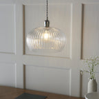 103674 Pendant 1 Light Bright Nickel Plate And Clear Ribbed Glass