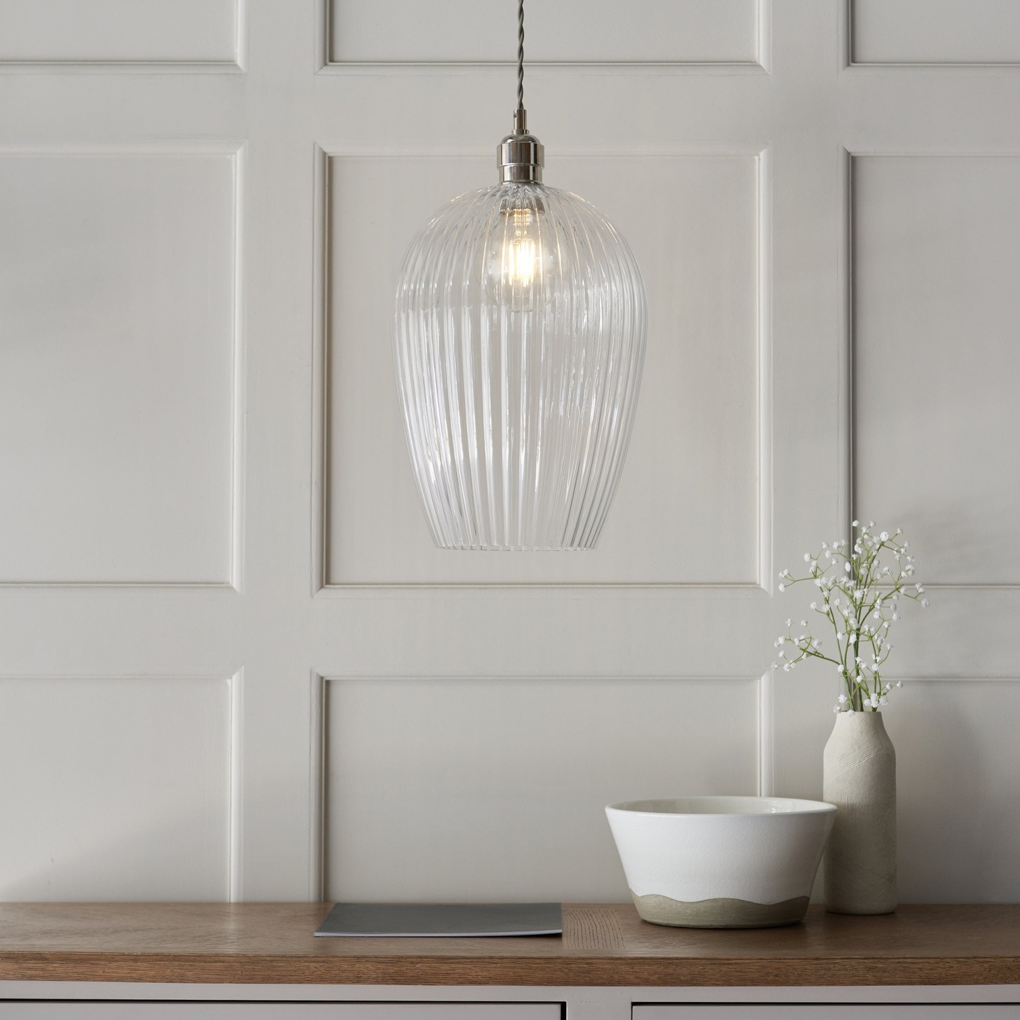 103675 Pendant 1 Light Bright Nickel Plate And Clear Ribbed Glass