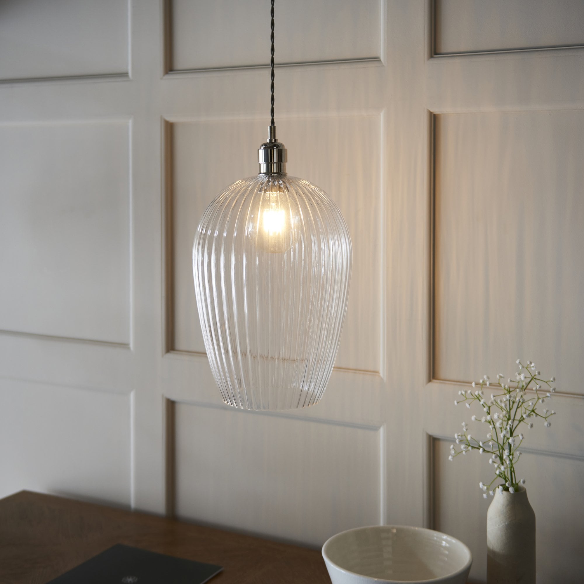 103675 Pendant 1 Light Bright Nickel Plate And Clear Ribbed Glass