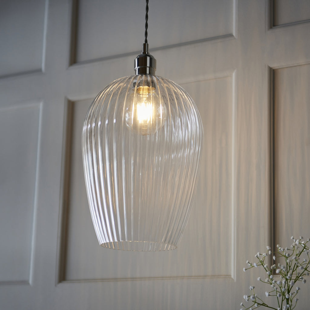 103675 Pendant 1 Light Bright Nickel Plate And Clear Ribbed Glass