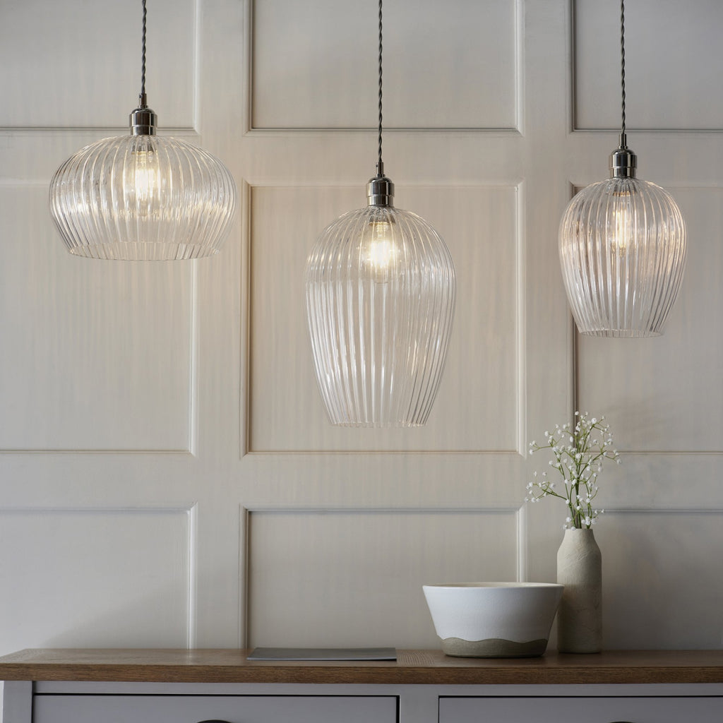 103675 Pendant 1 Light Bright Nickel Plate And Clear Ribbed Glass