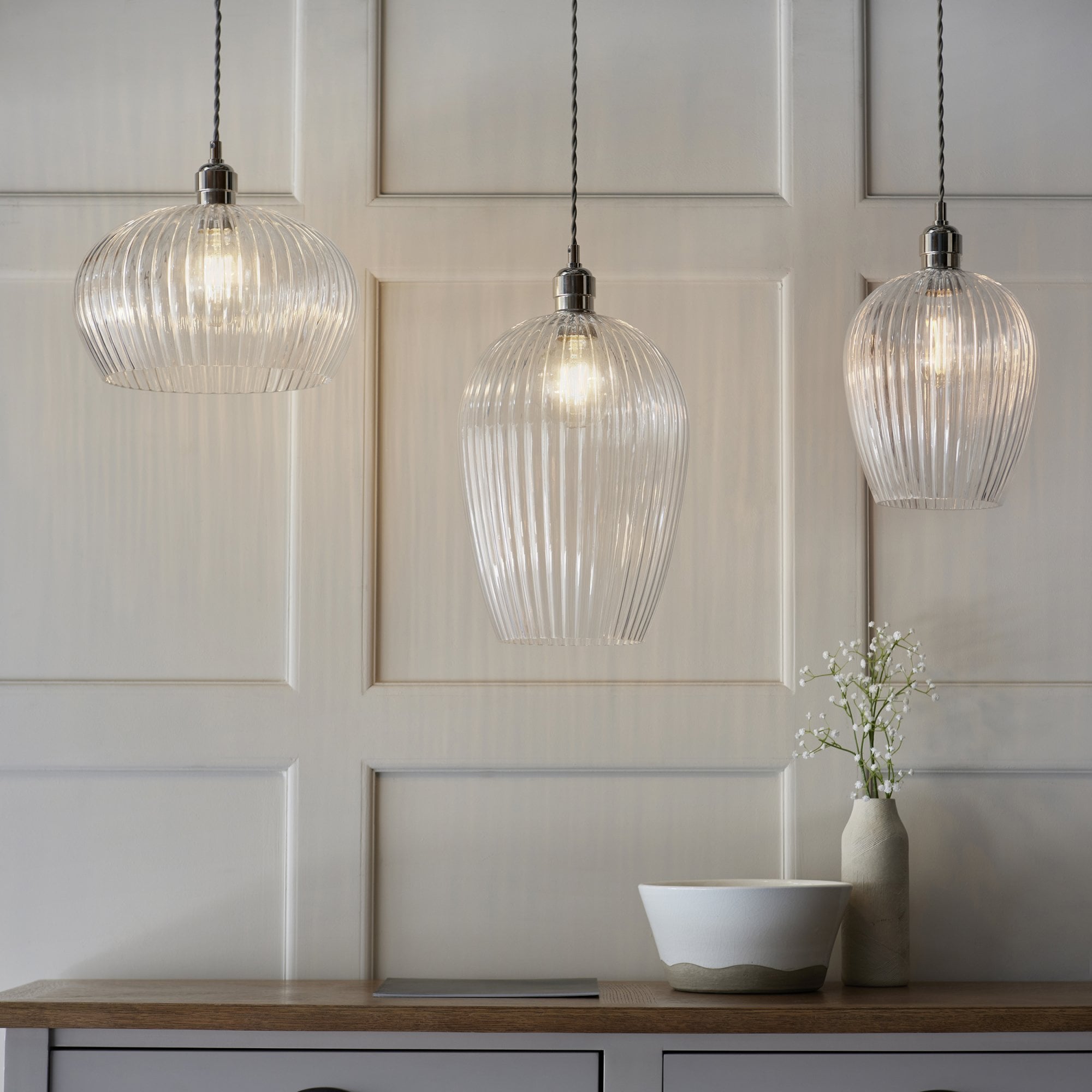 103675 Pendant 1 Light Bright Nickel Plate And Clear Ribbed Glass