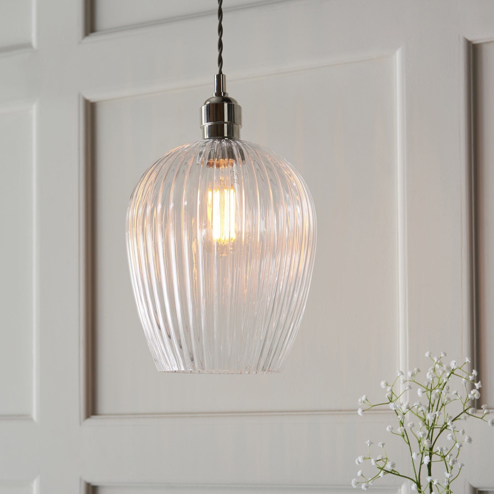103676 Pendant 1 Light Bright Nickel Plate And Clear Ribbed Glass