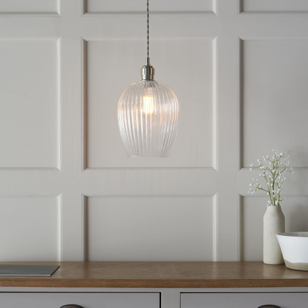 103676 Pendant 1 Light Bright Nickel Plate And Clear Ribbed Glass