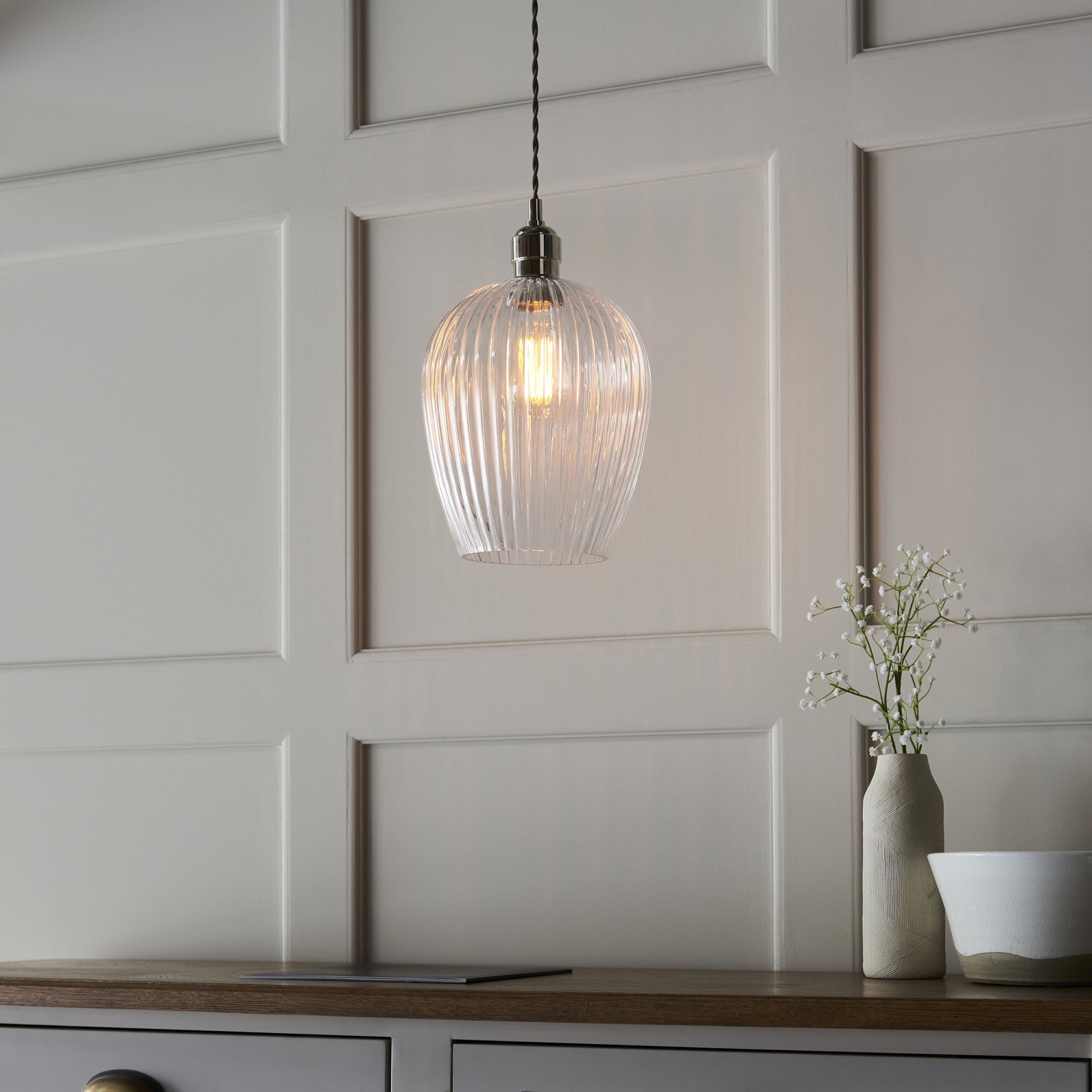 103676 Pendant 1 Light Bright Nickel Plate And Clear Ribbed Glass