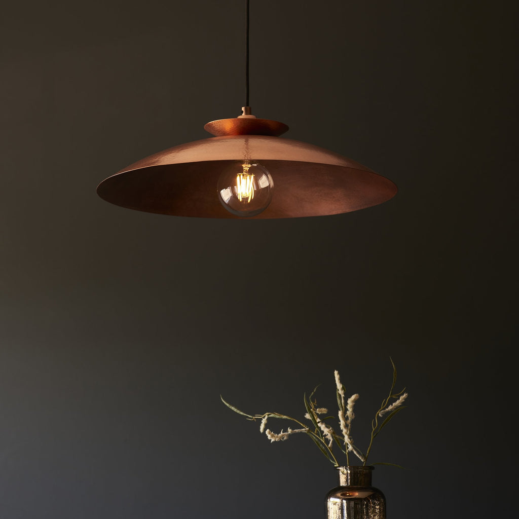 104010 Pendant 1 Light Hammered Copper And Copper Plate