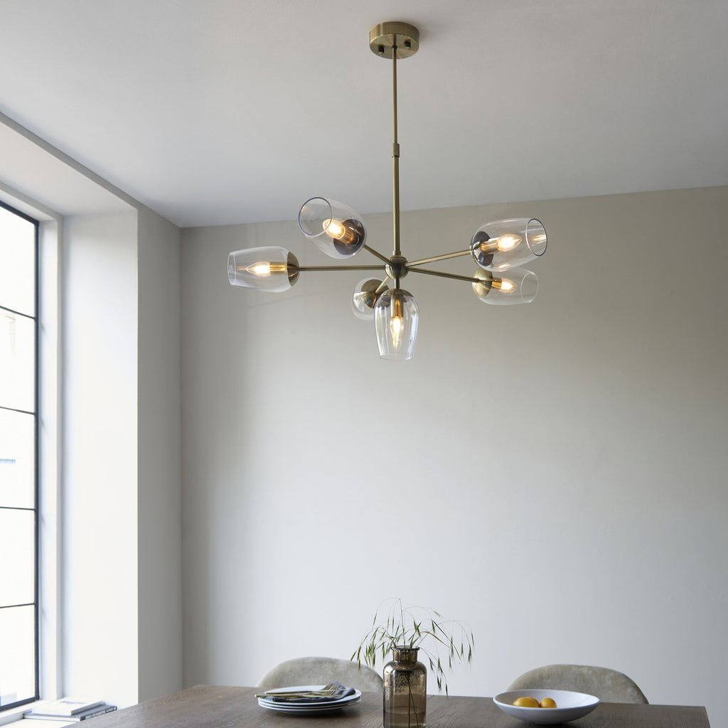 104094 Pendant 6 Light Antique Brass Plate And Clear Glass