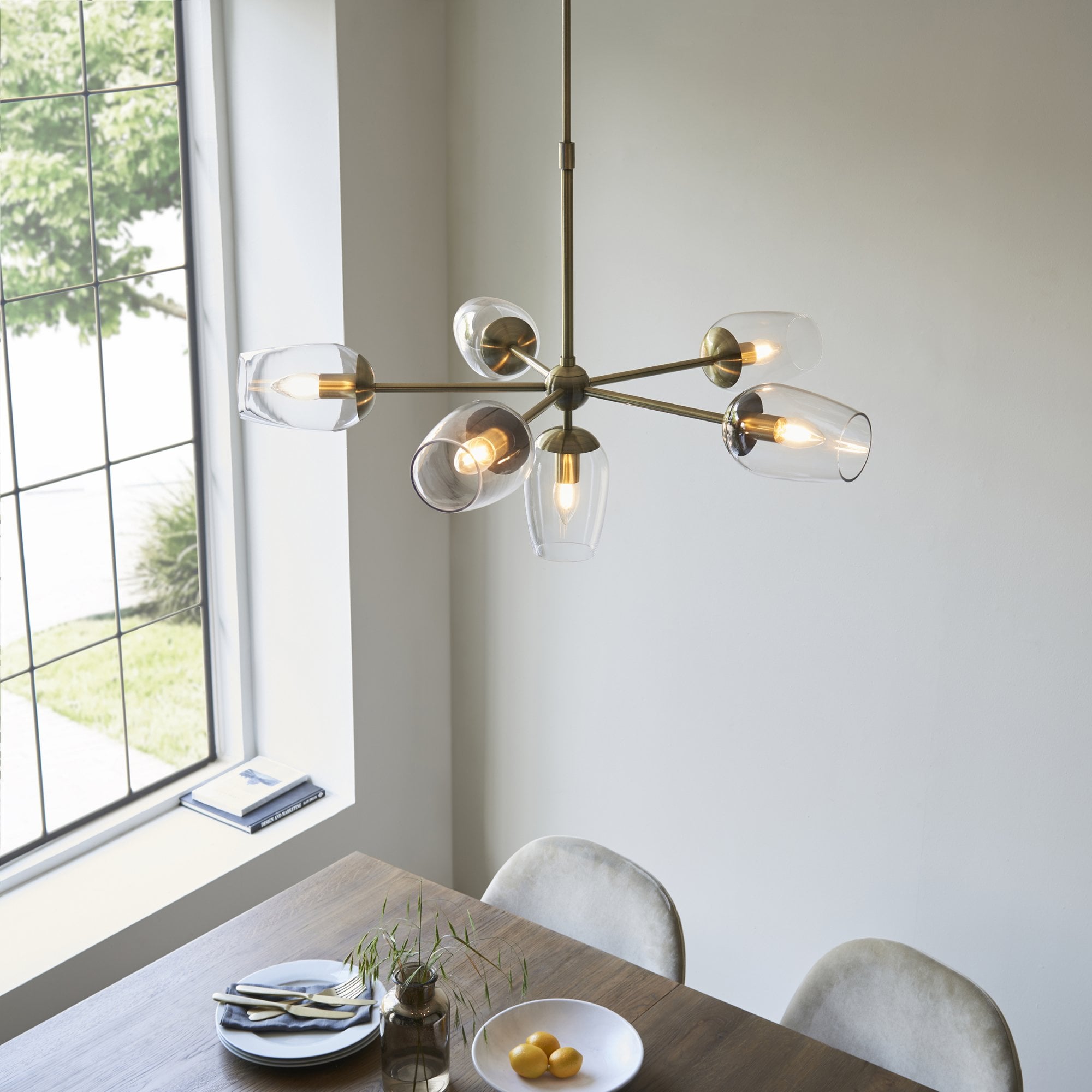 104094 Pendant 6 Light Antique Brass Plate And Clear Glass