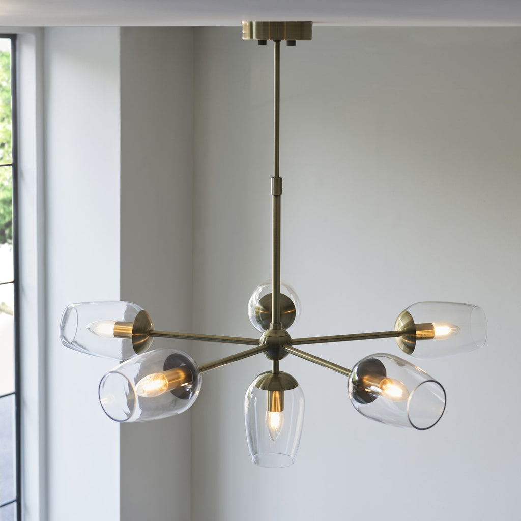 104094 Pendant 6 Light Antique Brass Plate And Clear Glass