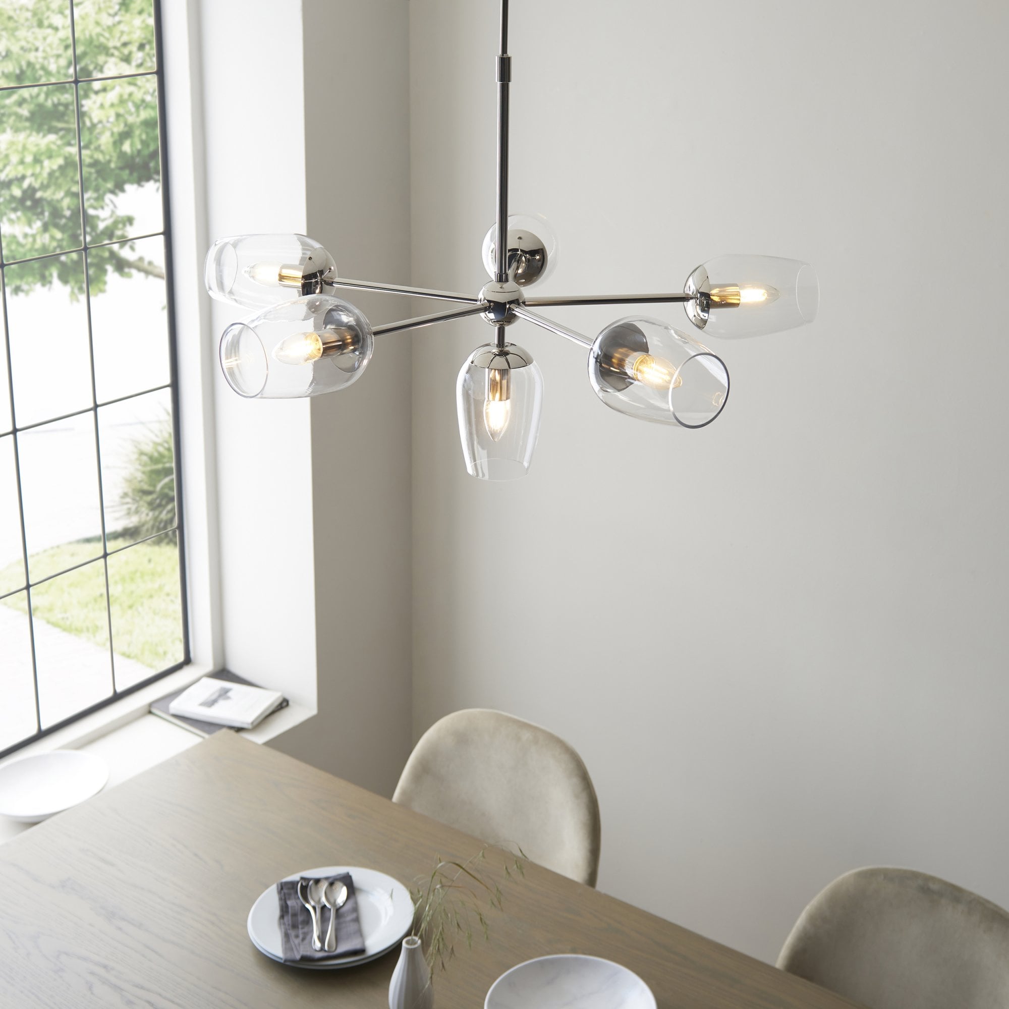 104095 Pendant 6 Light Bright Nickel Plate And Clear Glass