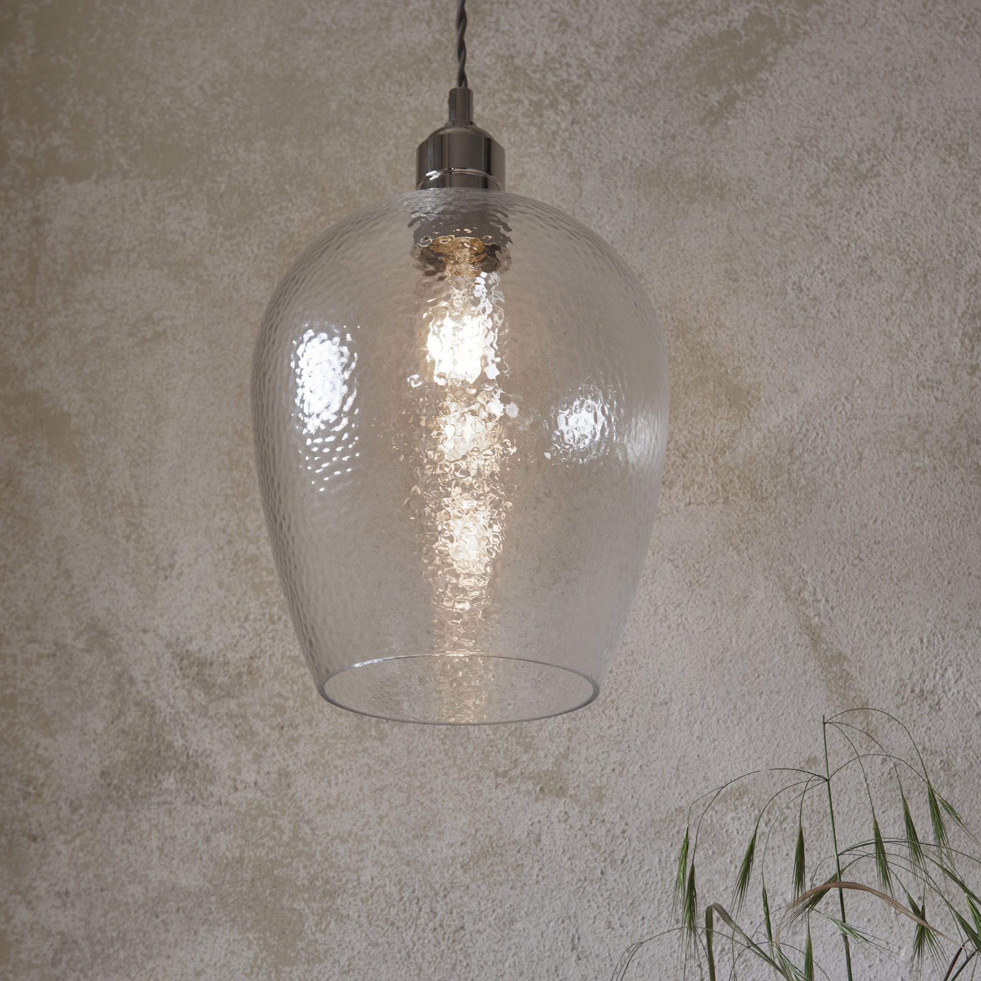 104233 Pendant 1 Light Bright Nickel Plate And Clear Hammered Glass