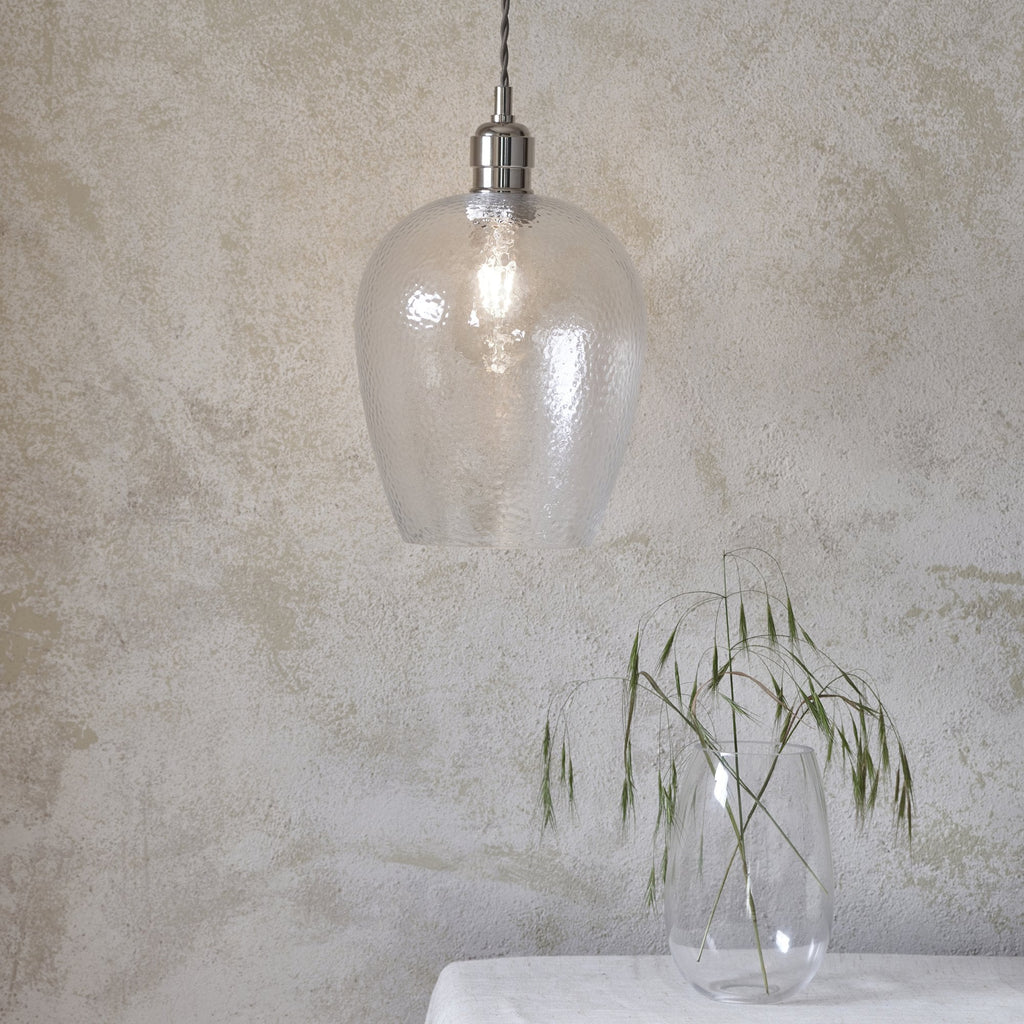 104233 Pendant 1 Light Bright Nickel Plate And Clear Hammered Glass