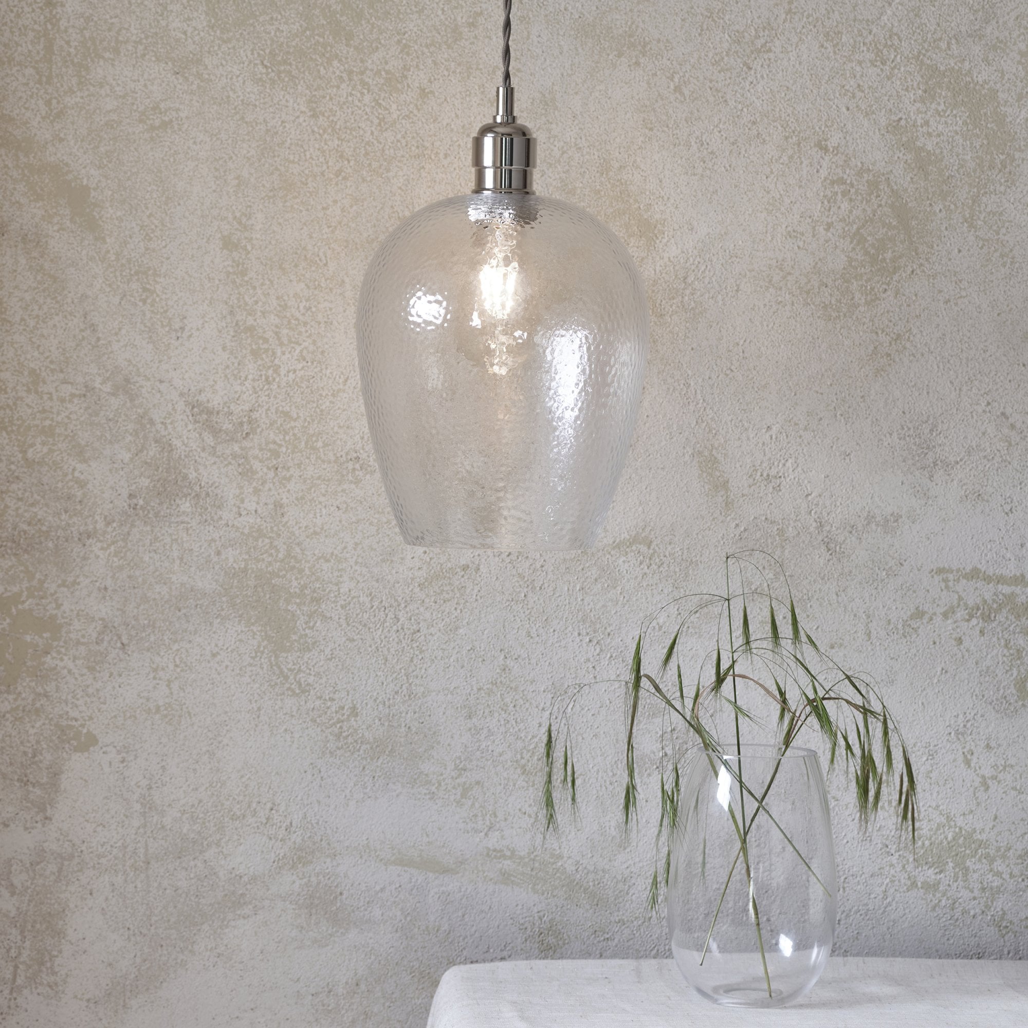 104233 Pendant 1 Light Bright Nickel Plate And Clear Hammered Glass