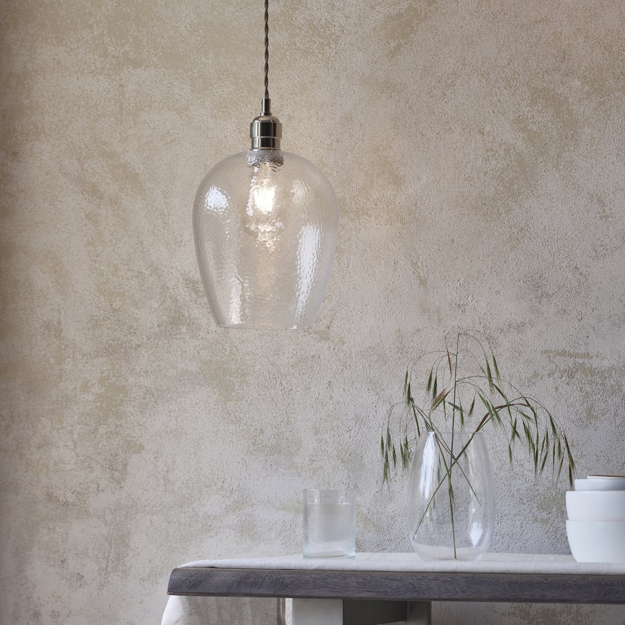 104233 Pendant 1 Light Bright Nickel Plate And Clear Hammered Glass