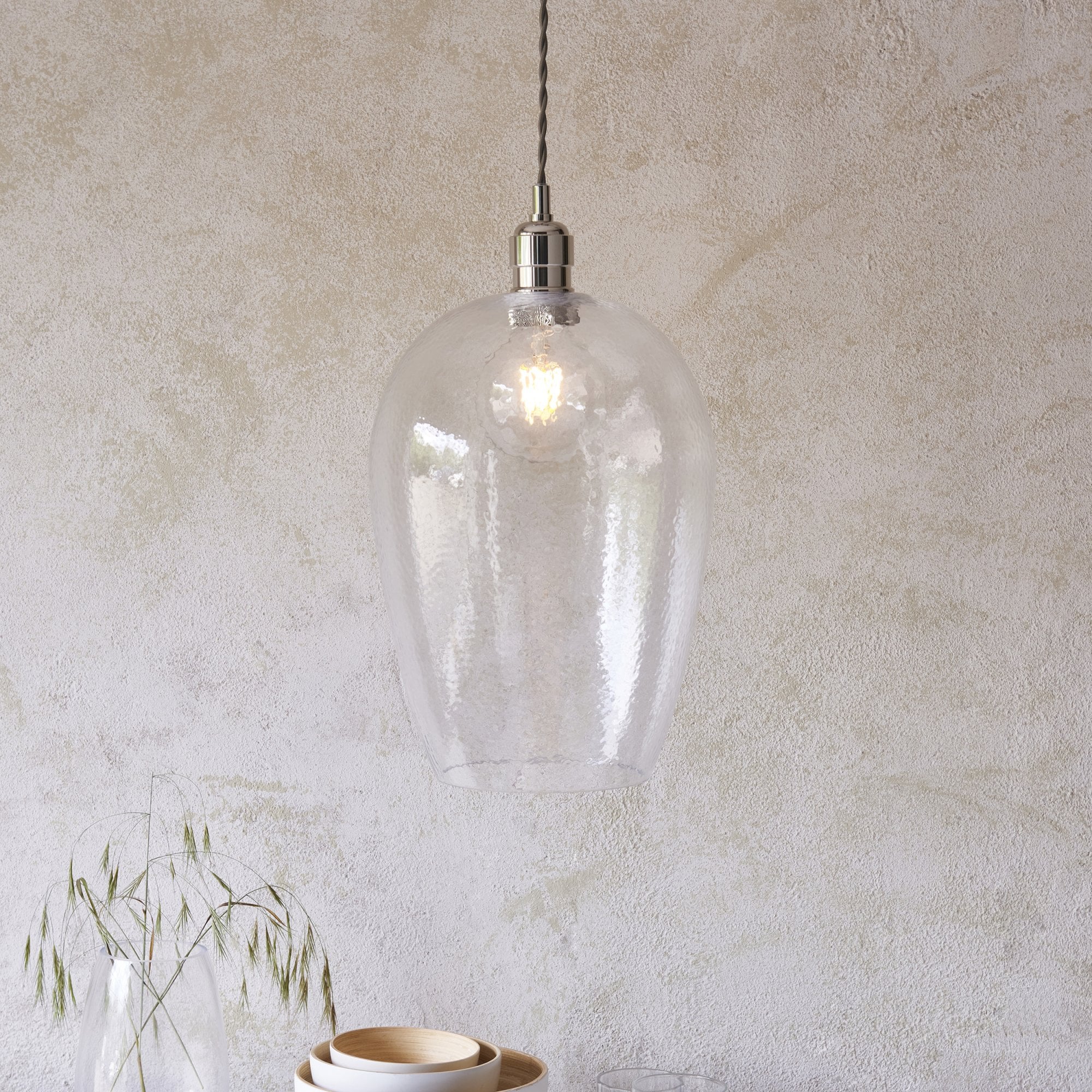 104237 Pendant 1 Light Bright Nickel Plate And Clear Hammered Glass