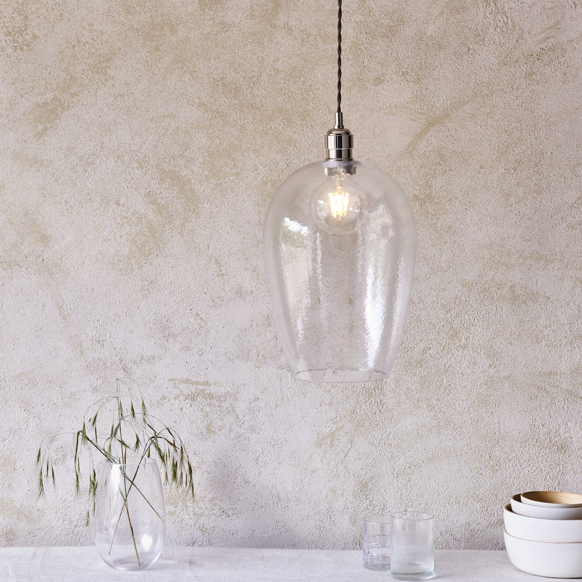 104237 Pendant 1 Light Bright Nickel Plate And Clear Hammered Glass