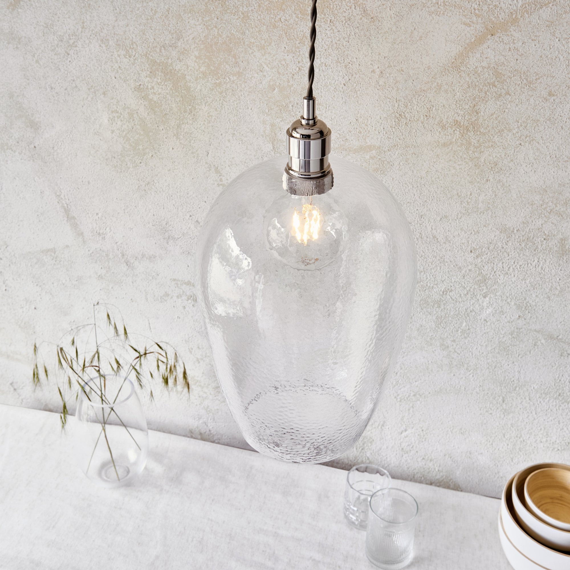 104237 Pendant 1 Light Bright Nickel Plate And Clear Hammered Glass
