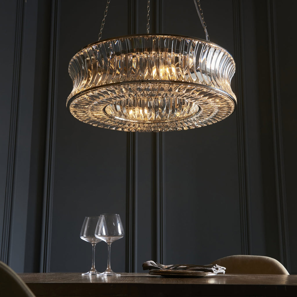 104528 Pendant 6 Light Bright Nickel Plate With Crystal And Clear Glass