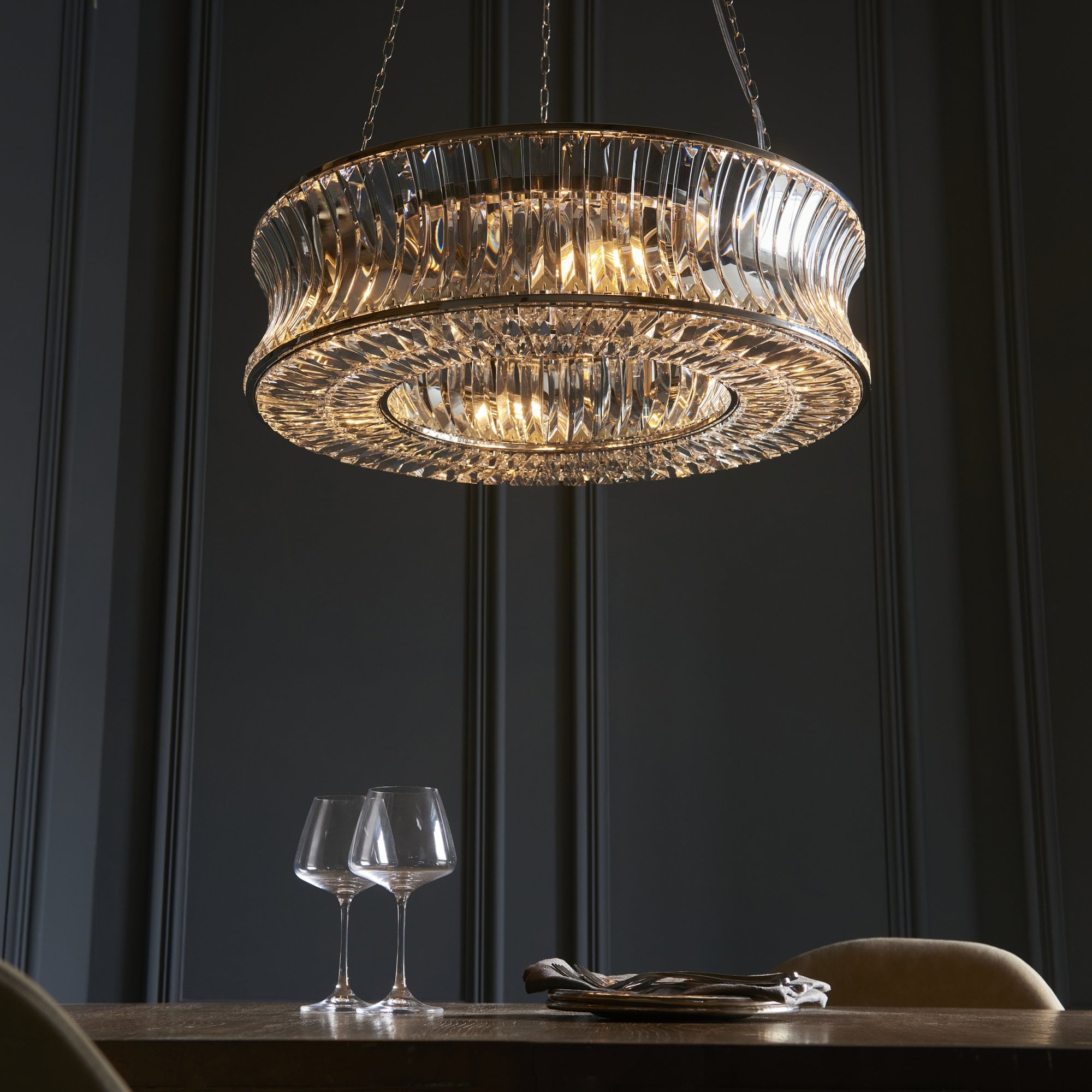 104528 Pendant 6 Light Bright Nickel Plate With Crystal And Clear Glass