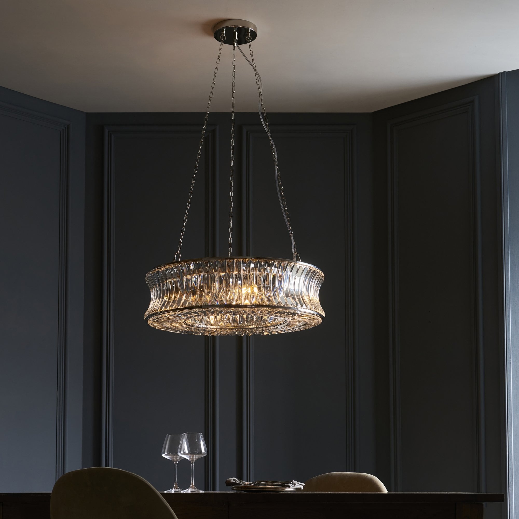 104528 Pendant 6 Light Bright Nickel Plate With Crystal And Clear Glass
