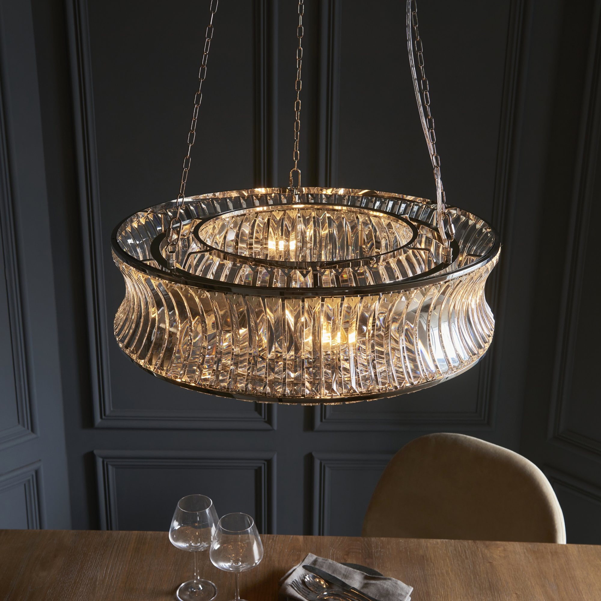 104528 Pendant 6 Light Bright Nickel Plate With Crystal And Clear Glass