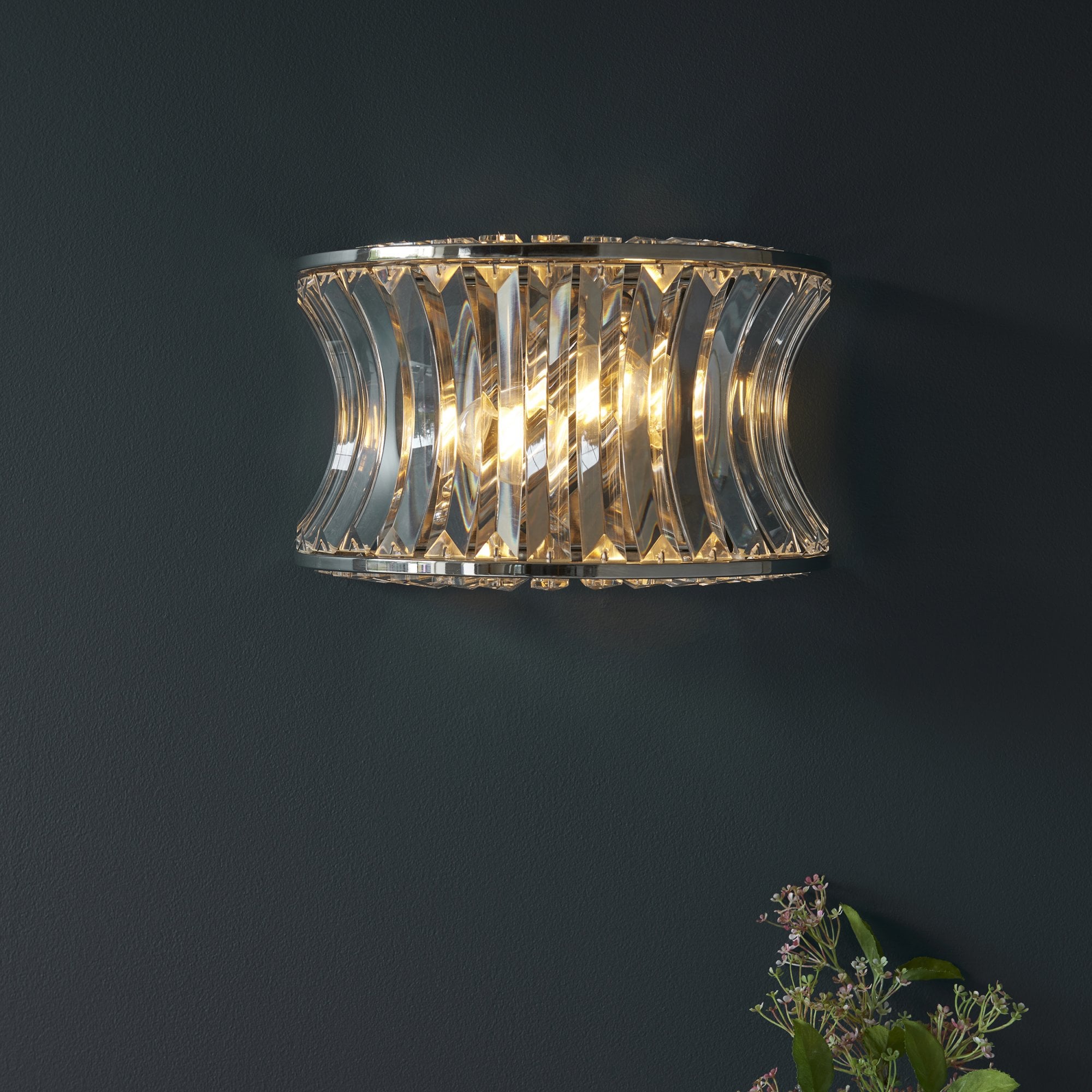 104529 Wall 2 Light Bright Nickel Plate With Crystal And Clear Glass