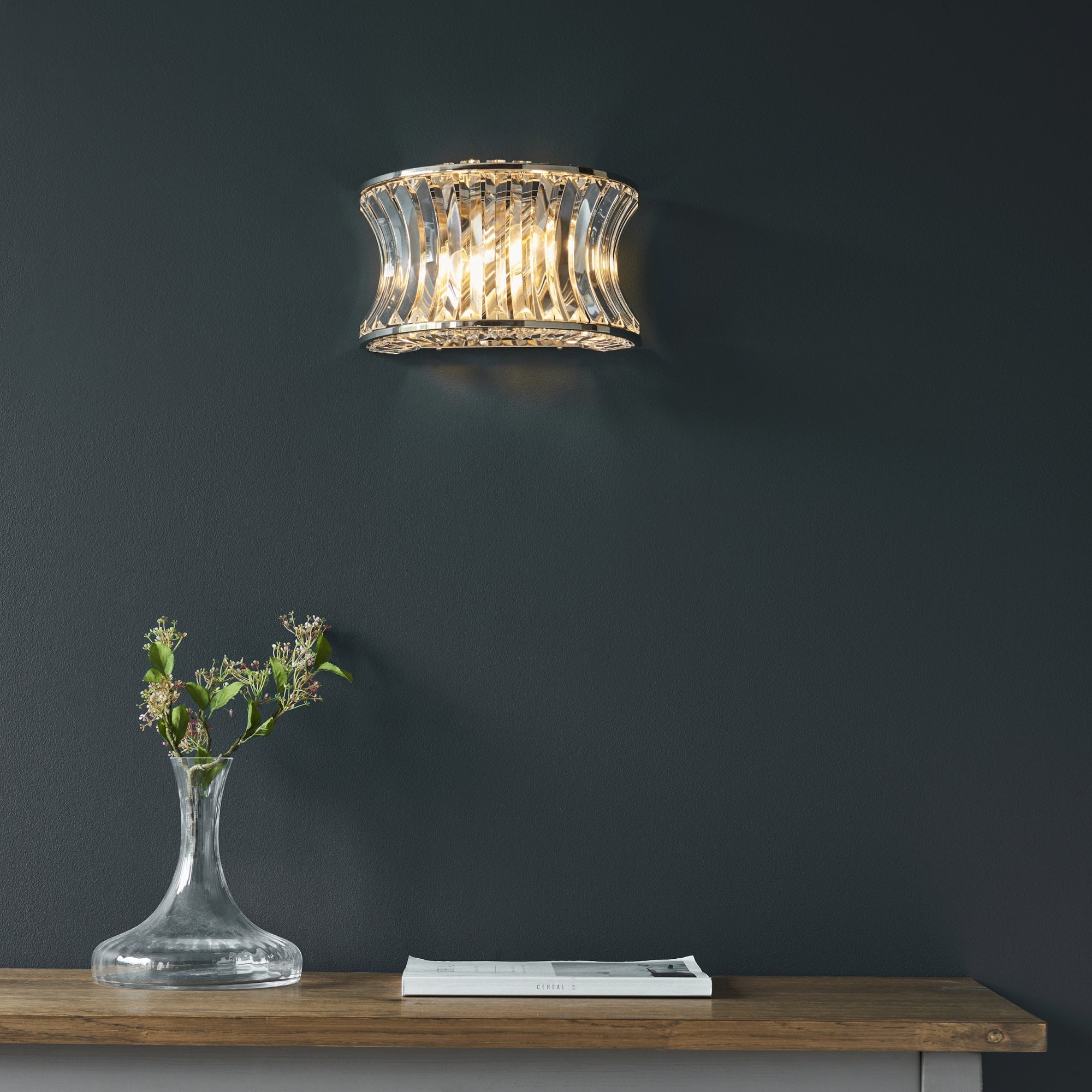 104529 Wall 2 Light Bright Nickel Plate With Crystal And Clear Glass