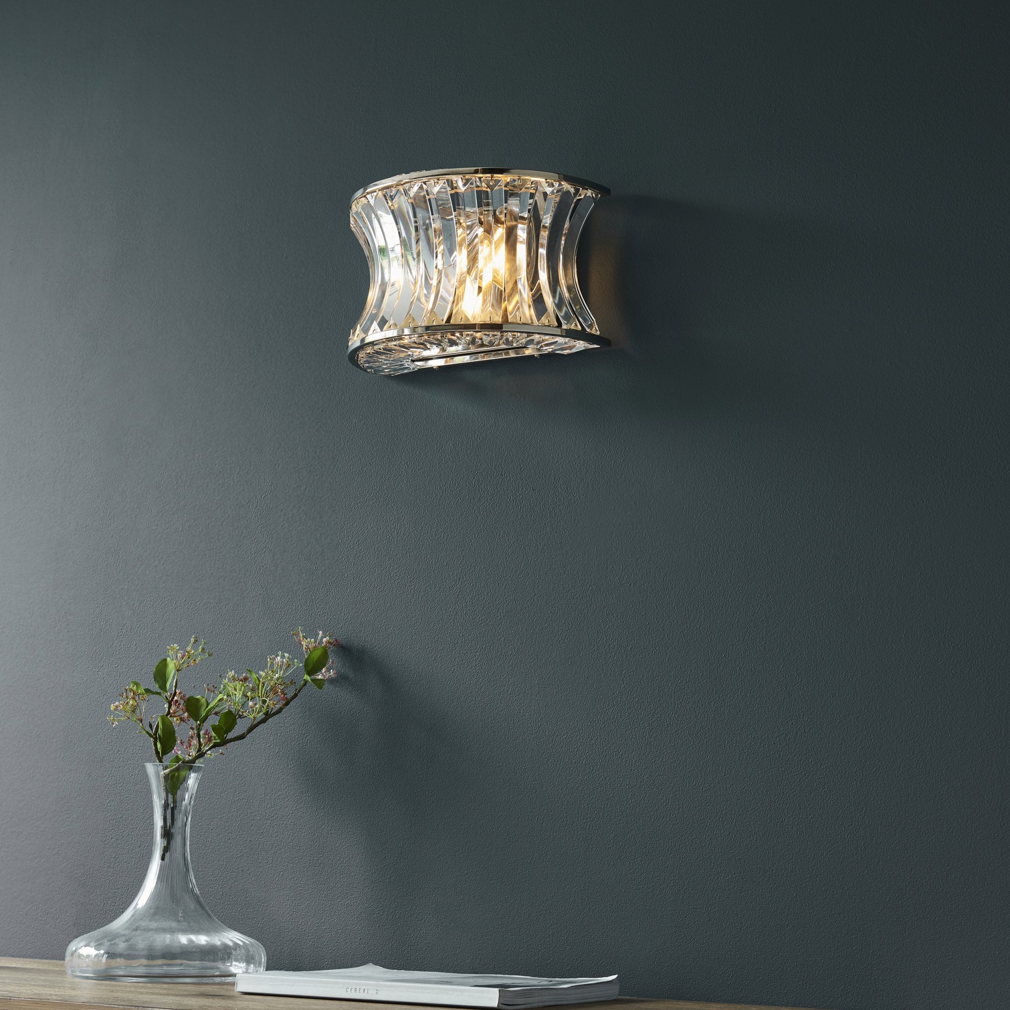 104529 Wall 2 Light Bright Nickel Plate With Crystal And Clear Glass