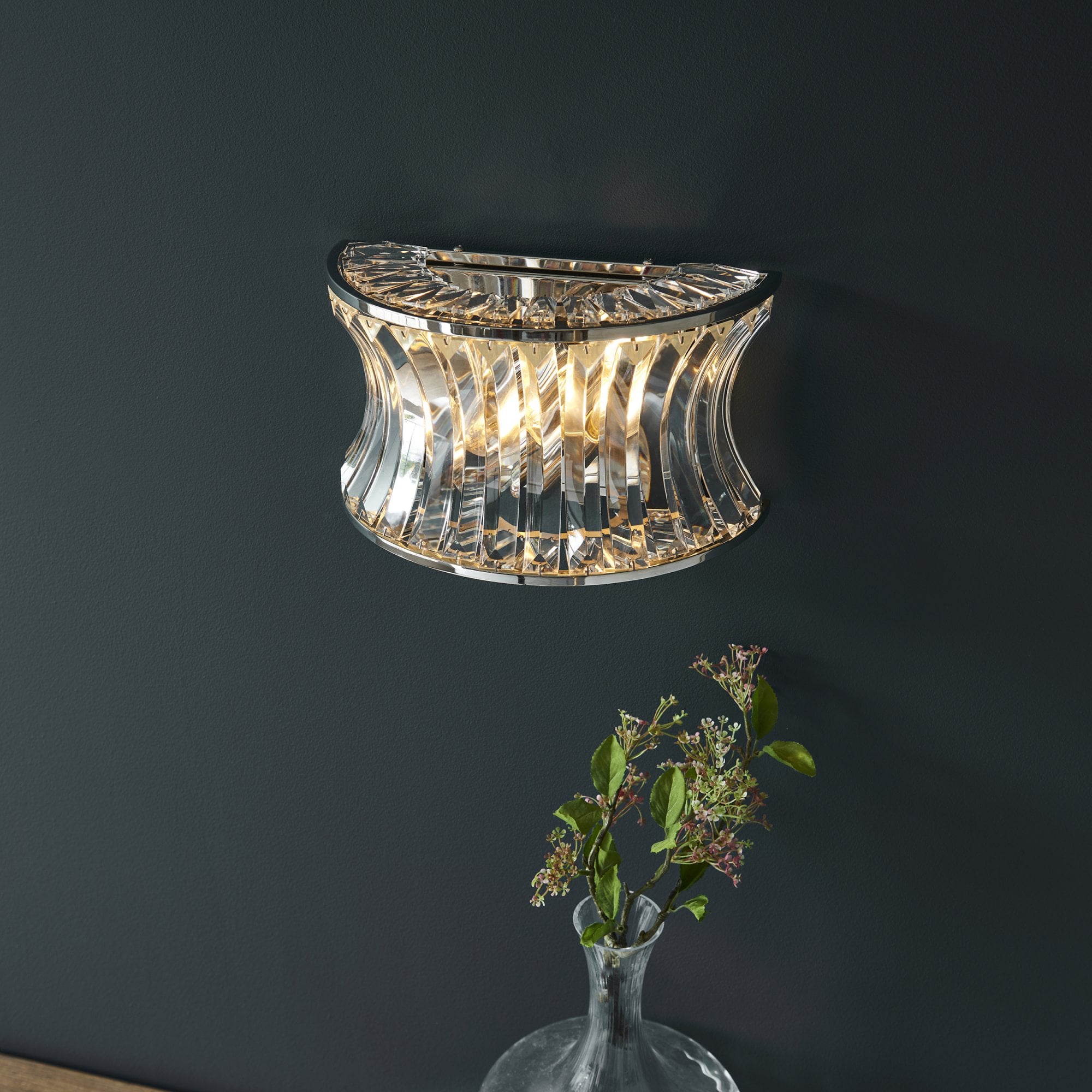 104529 Wall 2 Light Bright Nickel Plate With Crystal And Clear Glass