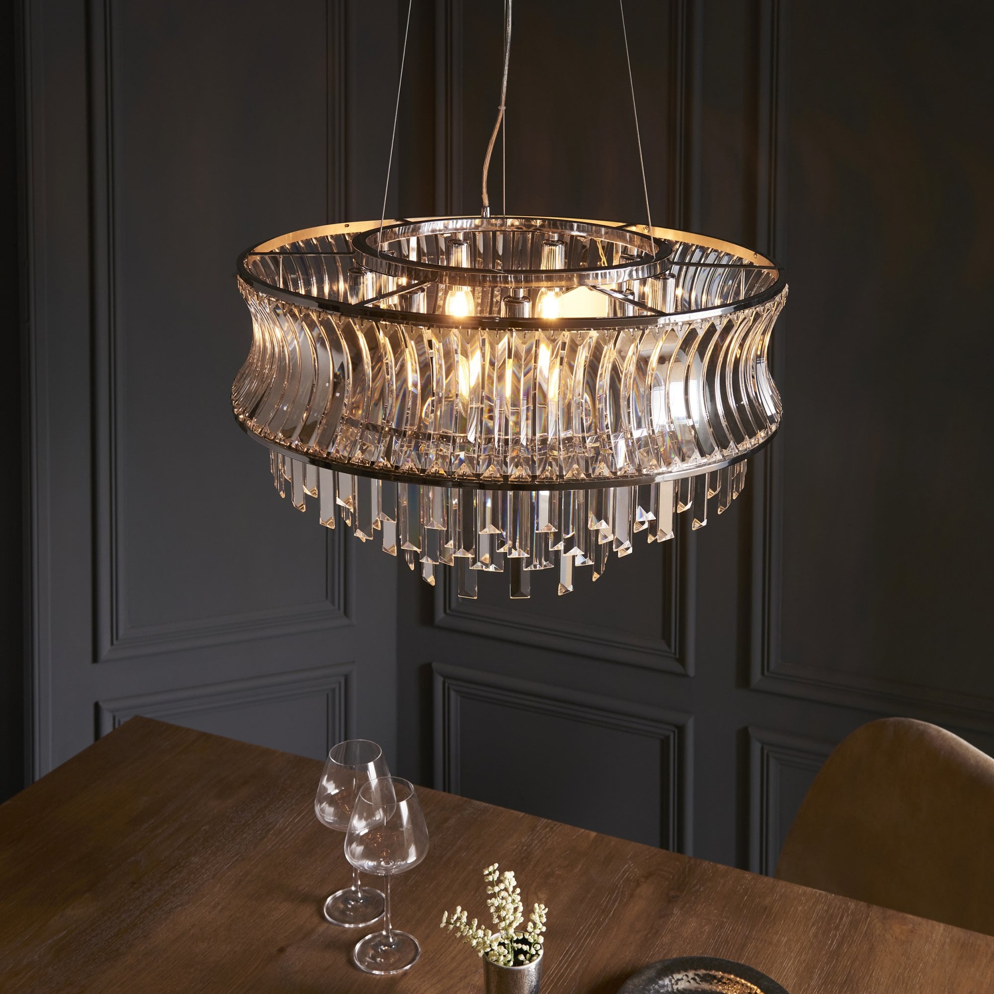 104530 Pendant 9 Light Bright Nickel Plate With Crystal And Clear Glass