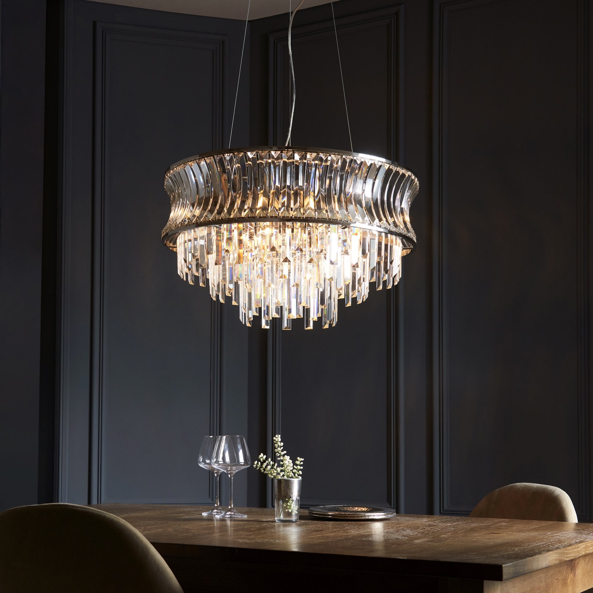 104530 Pendant 9 Light Bright Nickel Plate With Crystal And Clear Glass