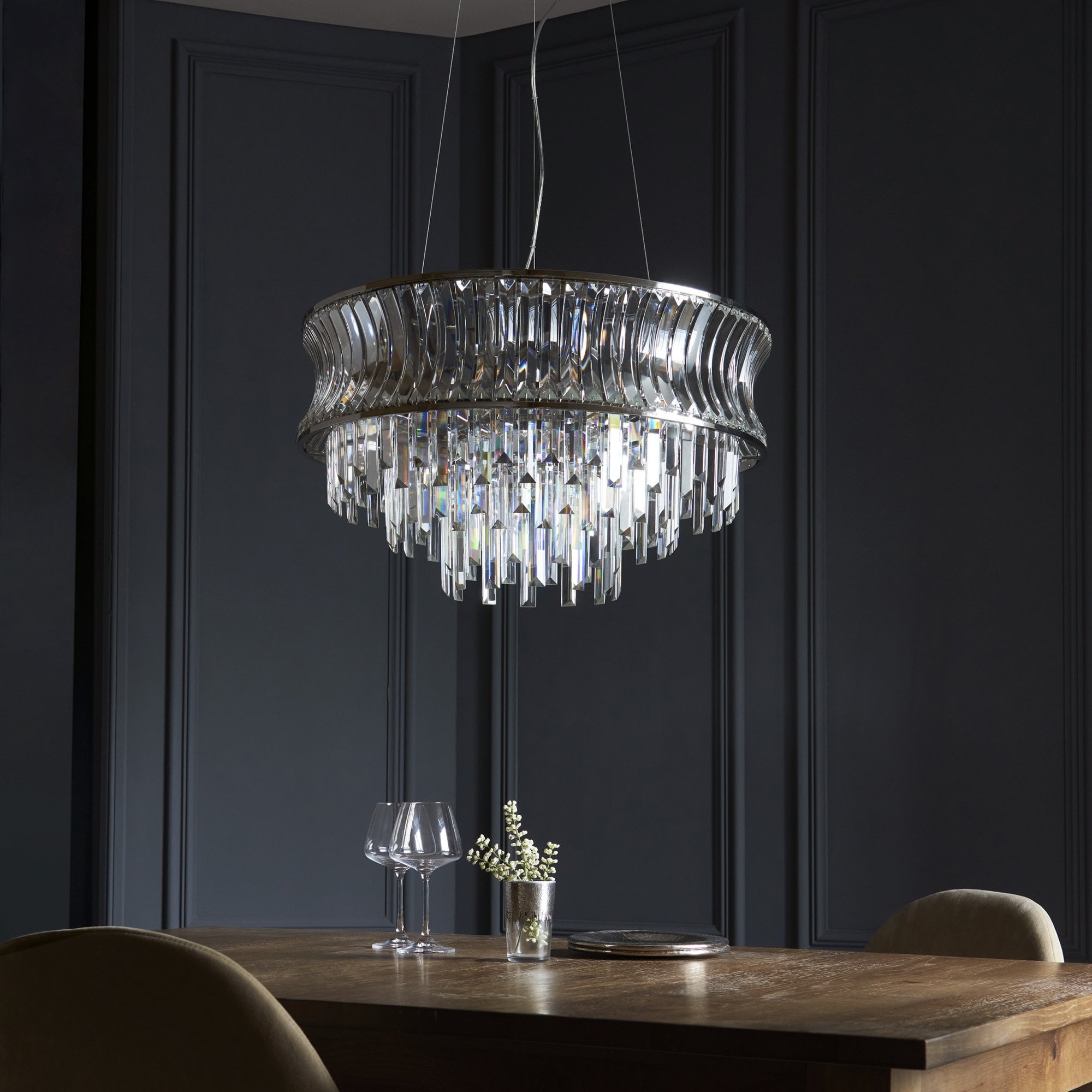 104530 Pendant 9 Light Bright Nickel Plate With Crystal And Clear Glass