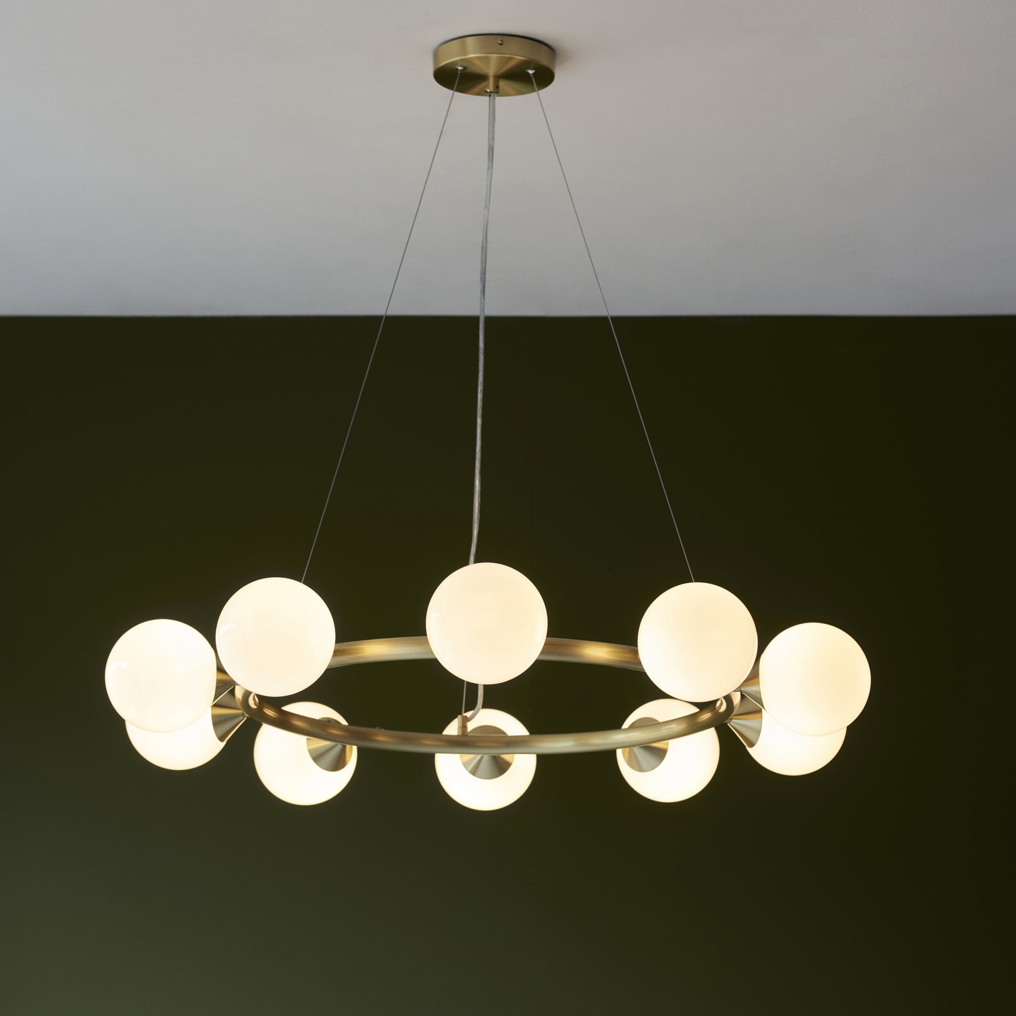 106008 Pendant 10 Light Satin Brass Plate And Gloss White Glass