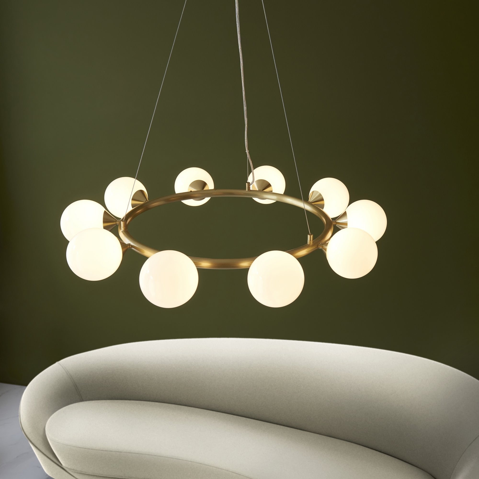 106008 Pendant 10 Light Satin Brass Plate And Gloss White Glass
